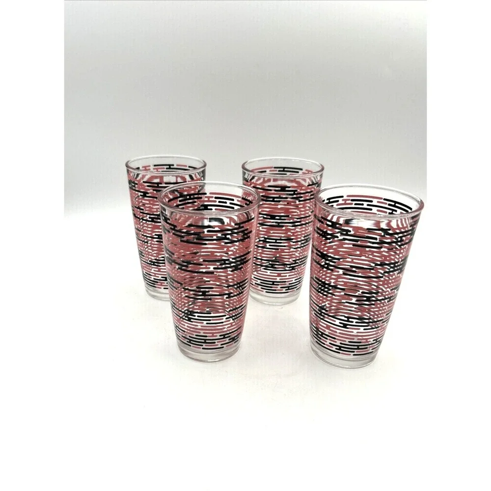 Hazel Atlas Tumblers Set Of 4 Vintage 1950s Pink Black Brick Pattern Glassware